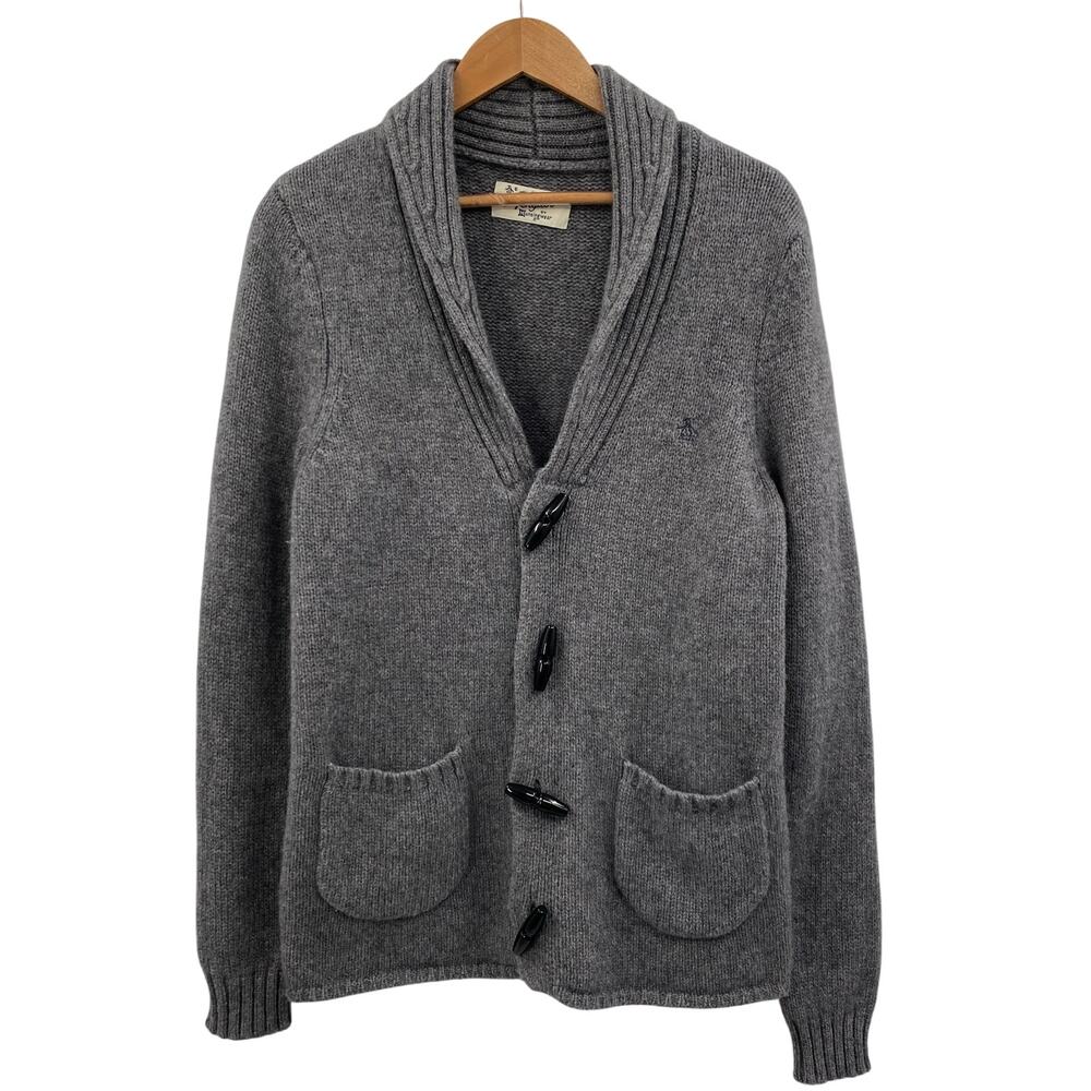 Penguin S gray wool & yak shawl collar toggle cardigan‎ sweater